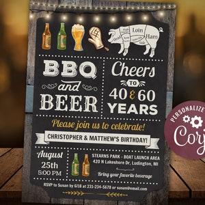 Dual Joint Birthday - BBQ & Beers Rustic Pig Roast Cookout Birthday Invitation -  Digital INSTANT Download 5x7 Editable CBBP