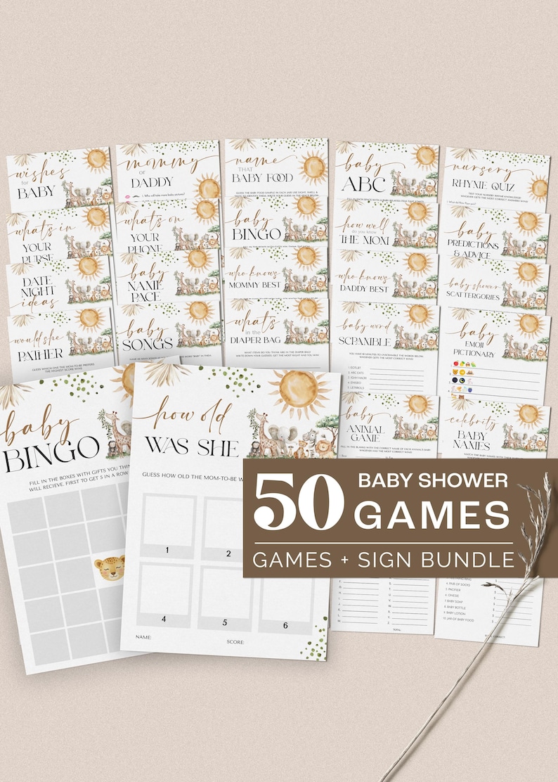 Safari Animals Gender Neutral Baby Shower Invitation + Games Bundle - A Little Wild One on the Way - Editable Digital Download 6030-BBS