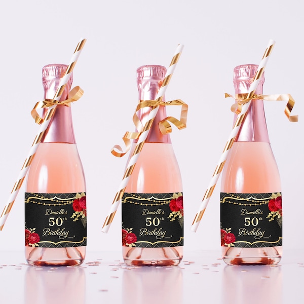 Editable Mini Champagne Label Template - Black and Gold with Red Roses - Instant Download BPR BP110