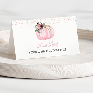 Etiquetas de comida editables para baby shower con forma de calabaza, tarjetas de mesa con temática floral rosa y dorada, baby shower otoñal, descarga digital BBS16