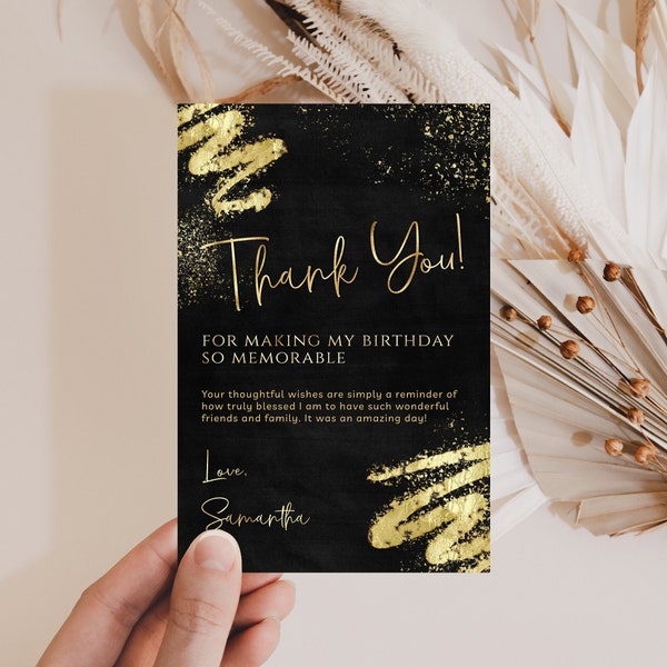 Luxury Black and Gold Thank You Card Template - Editable Thank You - Ladies Mens Birthday - Digital Download Editable BPG BP143