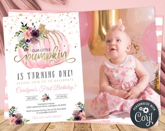 Editable 1st Birthday Photo Invitation  - Pink & Gold Floral - First Birthday Picture Invite - Fall Autumn Digital Instant Download - BBS16