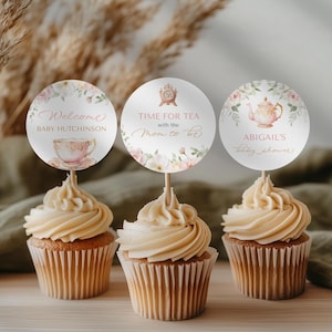 Tea Party Baby Shower Cupcake Topper Template - Blush Pink Floral Tea Party Decor - Digital Download 5008-BBS
