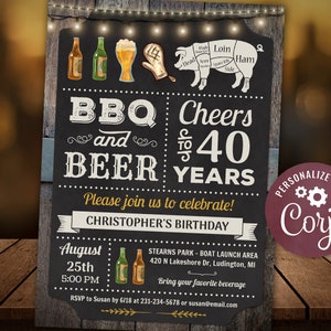 40th - BBQ & Beers Rustic Pig Roast Cookout Birthday Invitation - 40th birthday invitation for men Digital INSTANT Download Editable CBBP