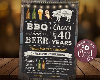 40th - BBQ & Beers Rustic Pig Roast Cookout Birthday Invitation - 40th birthday invitation for men Digital INSTANT Download Editable CBBP