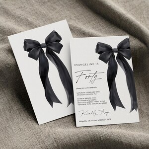 Black Bow Birthday Invitation Template - 40th Birthday Party - Minimalist Black Bow Invite - Editable Digital Download 5011