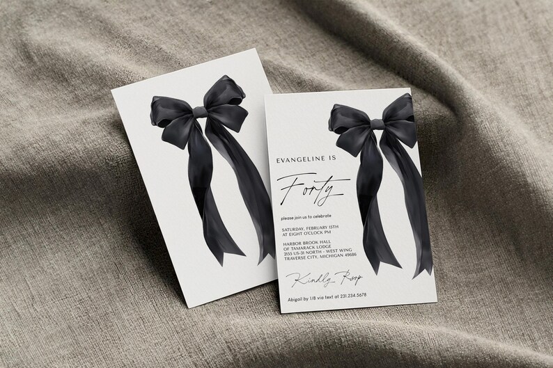 Black Bow Birthday Invitation Template - 40th Birthday Party - Minimalist Black Bow Invite - Editable Digital Download 5011