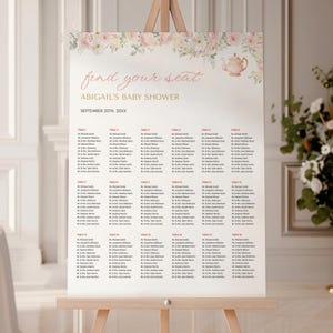 Tea Party Baby Shower Seating Chart Sign Template - Blush Pink Floral Tea Party - Digital Download 5008-BBS
