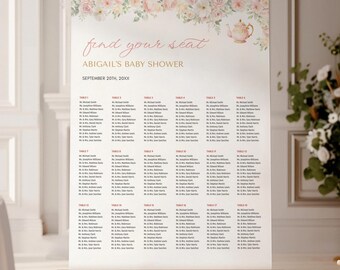 Tea Party Baby Shower Seating Chart Sign Template - Blush Pink Floral Tea Party - Digital Download 5008-BBS