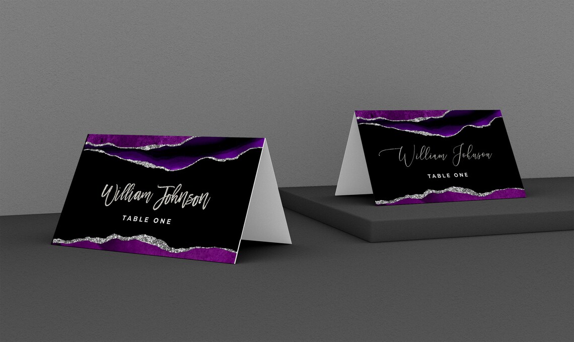 Black Purple and Silver Place Card Template Editable Tent - Etsy
