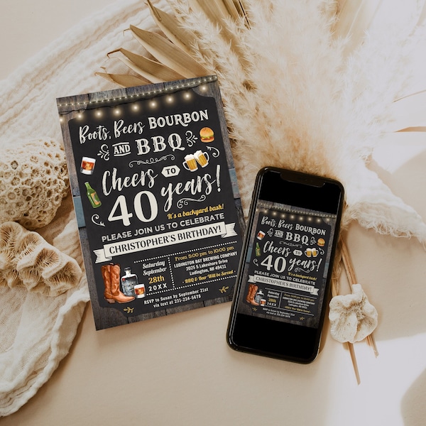 Any Age Boots Beers Bourbon and BBQ - Rustic Barbecue Birthday Party Invitation Digital Download 5x7 Editable CBBP