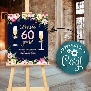 Cheers to 60 Years  Birthday Party Welcome Sign Poster - Floral - 60th Banner Digital INSTANT Download Editable adult woman womens