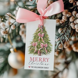 Editable Christmas Gift Tag Template - Personalized Pink Bow Christmas Tree Gift Tag Printable -Printable Digital Download - CT CT108