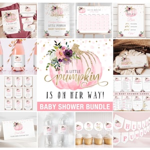 Little Pumpkin Girl Baby Shower Invitation Bundle - Pink & Gold Floral - Rustic Boho - Printable Digital Download BBS16