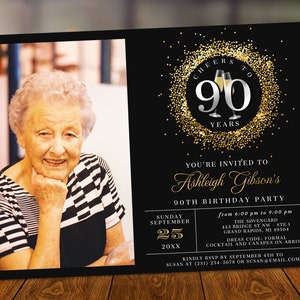 Cheers 90e verjaardag foto uitnodiging NINETY partij zilver goud glitter schittering champagne digitale Instant Download 5 x 7 sjabloon BP108B