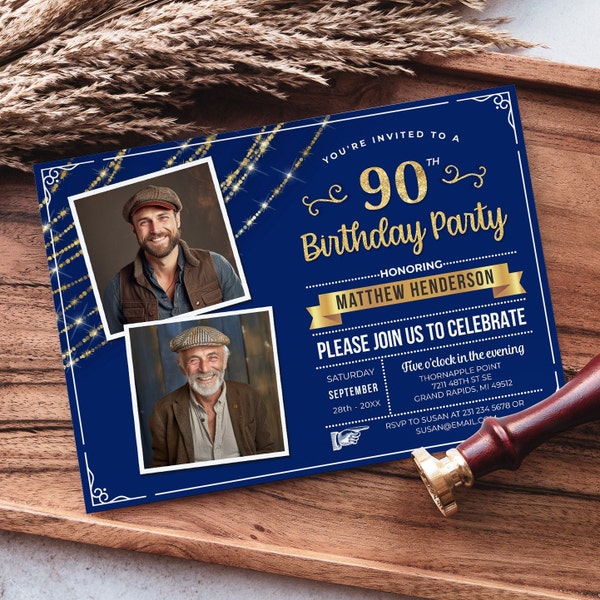 90th Birthday Photo Invitation  2 Photo Invite - Navy Blue and Gold - Digital INSTANT DOWNLOAD 5x7 + 4x6 B57BNB