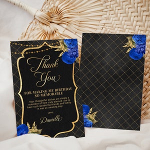 Editable Thank You Card + Tag Template - Black and Gold With Royal Blue ...