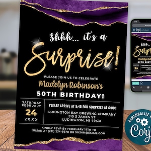 Adult Surprise Birthday Invitation - Purple and Gold Surprise Birthday Invitation - Any Age - Digital Instant Download Editable, AGT APBPG