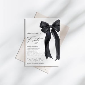 Black Bow Birthday Invitation Template - 40th Birthday Party - Minimalist Black Bow Invite - Editable Digital Download 5011