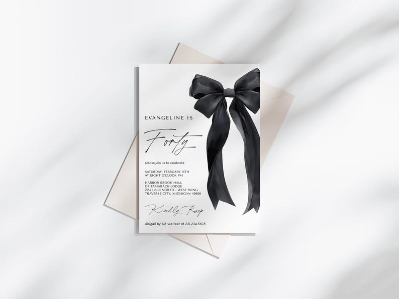 Black Bow Birthday Invitation Template - 40th Birthday Party - Minimalist Black Bow Invite - Editable Digital Download 5011