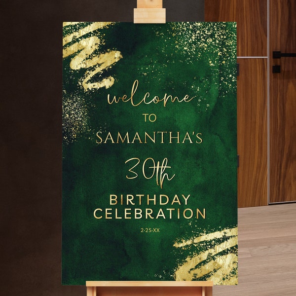 Birthday Welcome Sign Birthday Welcome Poster Green and Gold Glitter Sparkle Instant Digital Download Editable BPG BP145