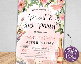 Paint and Sip Party Invite, Rose Gold Adult Paint Party Invitation, Champagne Art Party, Digital Download, Corjl, Instant Download