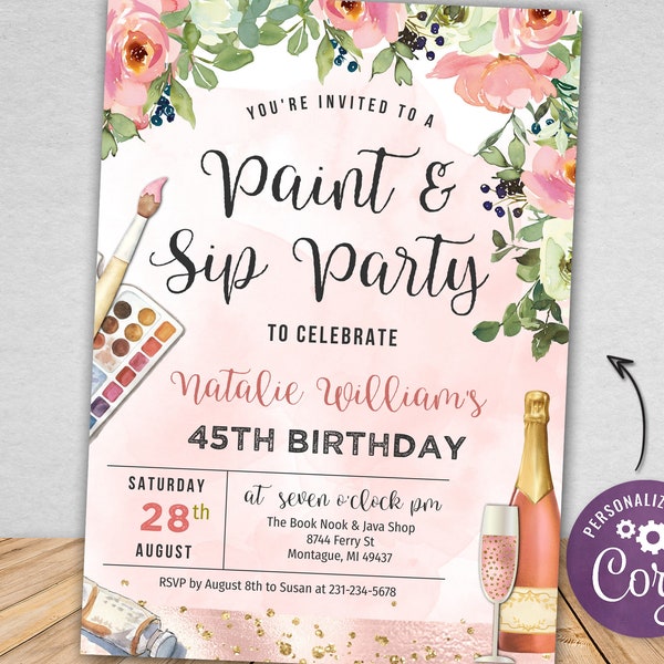 Paint and Sip Party Invite, Rose Gold Adult Paint Party Invitation, Champagne Art Party, Digital Download, Corjl, Instant Download