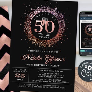 Cheers 50th Birthday Invitation FIFTY Party Rose Gold Glitter Pink Champagne Digital Instant Download 5x7 Printable Editable BP108C