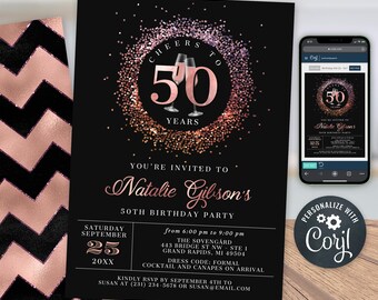 May include: A black and rose gold birthday party invitation with a glittery background and two champagne glasses. The invitation says "Cheers to 50 Years" and "You're invited to Natalie Gibson's 50th Birthday Party". The invitation includes the date, time, location, dress code, and RSVP information.