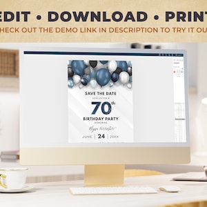 Editable Save the Date Template - Birthday Announcement - Blue & White with Balloons Digital INSTANT download 4x6 + 5x7 - B40 BP40C