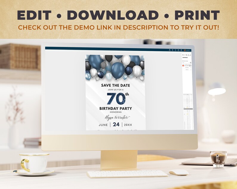 Editable Save the Date Template - Birthday Announcement - Blue & White with Balloons Digital INSTANT download 4x6 + 5x7 - B40 BP40C