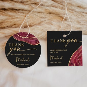 Burgundy Black and Gold Favor Tag Template - Circle + Square Gift Tag Template - Party Favor Tag - Digital Download Editable 0300BRG