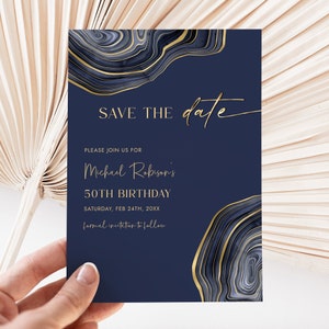 ネイビーブルーとゴールドのSave the Dateカードテンプレート - モダンなSave the Date - レディース メンズ - 編集可能なデジタルダウンロード編集可能 0300NBG