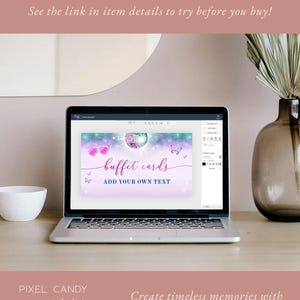 May include: A digital design template for buffet cards with a disco ball, butterflies, and hearts on a purple and blue background. The text "buffet cards" is in pink with the words "ADD YOUR OWN TEXT" below.