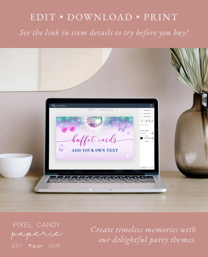May include: A digital design template for buffet cards with a disco ball, butterflies, and hearts on a purple and blue background. The text "buffet cards" is in pink with the words "ADD YOUR OWN TEXT" below.