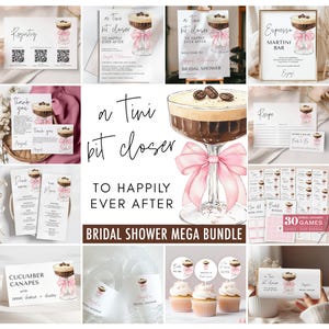 Può includere: Un mega pacchetto per un addio al nubilato con uno schema di colori rosa e marrone. Il pacchetto include una varietà di articoli stampabili come inviti, giochi e decorazioni. Il tema è "a tini bit closer to happily ever after" e presenta un bicchiere da cocktail con un fiocco rosa.