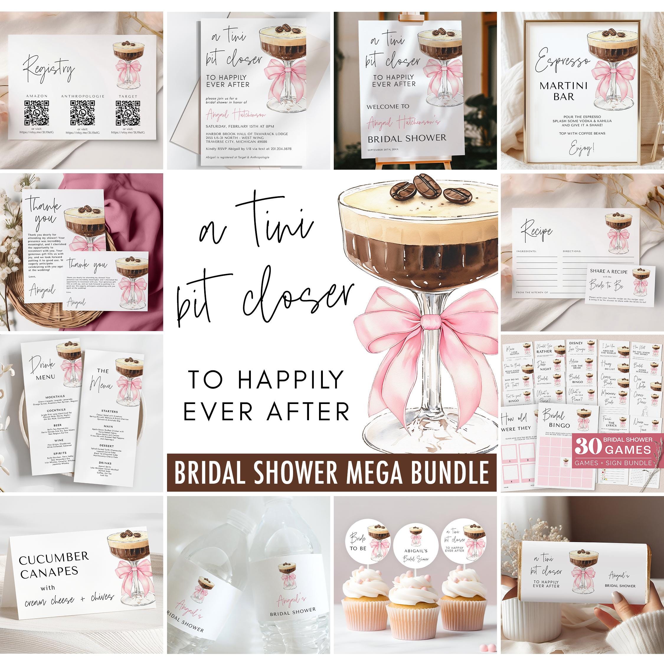 Pink Bow Espresso Martini Bridal Shower Invitation + Games Bundle - A Tini Bit Closer - Editable Digital Download 5009C