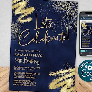 Modèle d'Invitation de fête d'anniversaire bleu marine et or Téléchargement instantané numérique Modifiable pour homme et femme BPG BP140