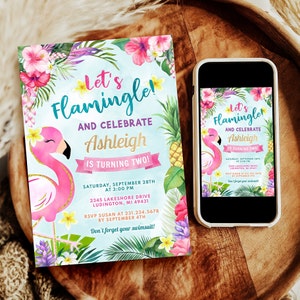 Digitalen und druckbaren Flamingo-Geburtstagsfeier-Einladung Thema Flamingo-Party, elektronische Einladung & Danke bearbeitbare Instant Download FPTY