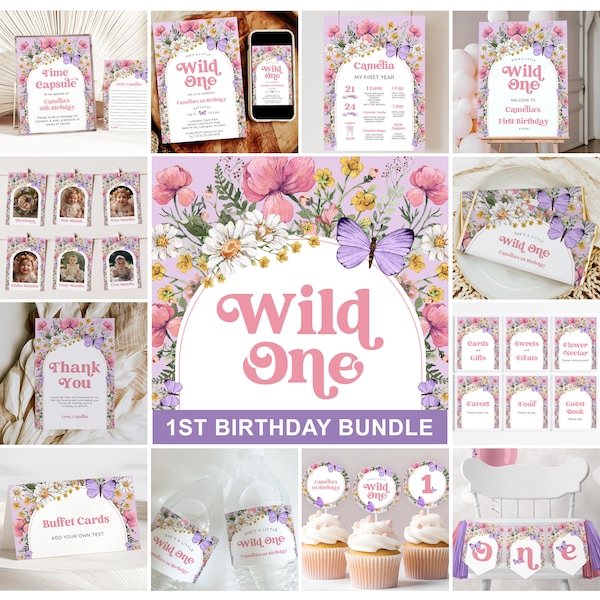 Wildflower 1st Birthday Invitation Bundle - Pink + Purple Wildflower Birthday Party - Wild One Boho 1st Birthday, Digital + Printable - 1617