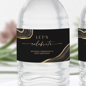 Black & Gold Water Bottle Label Template - Water Wrappers - Party Favors - Let&#39;s Celebrate - Editable Digital Download 0300BG