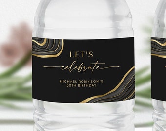 Black & Gold Water Bottle Label Template - Water Wrappers - Party Favors - Let's Celebrate - Editable Digital Download 0300BG