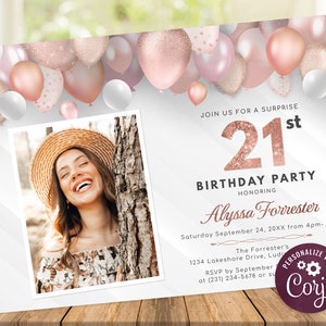 Rose Gold 21st Birthday Invitation with Photo - One Photo Birthday Invite - Digital INSTANT download Editable Womens B40 BD40BB