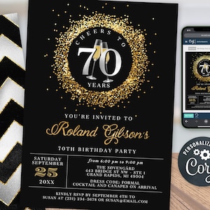 Cheers 70th Birthday Invitation SEVENTY Party Silver Gold Glitter Sparkle Champagne Digital Instant Download 5x7 Printable Editable BP108B