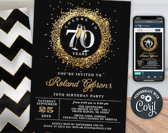 Invitación de cumpleaños número 70 "Cheers" para fiesta de los setenta, color plata, dorado, con purpurina y brillo, diseño champán. Descarga digital instantánea. Tamaño 5x7. Imprimible y editable. BP108B