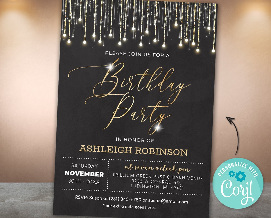 Birthday Party Invitation Elegant Invite Black and Gold Sparkle Glitter