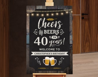 May include: A chalkboard sign with a rustic wood frame and string lights. The sign says "Cheers and Beers to 40 years! Welcome to Christopher's Birthday!" with two beer mugs at the bottom.