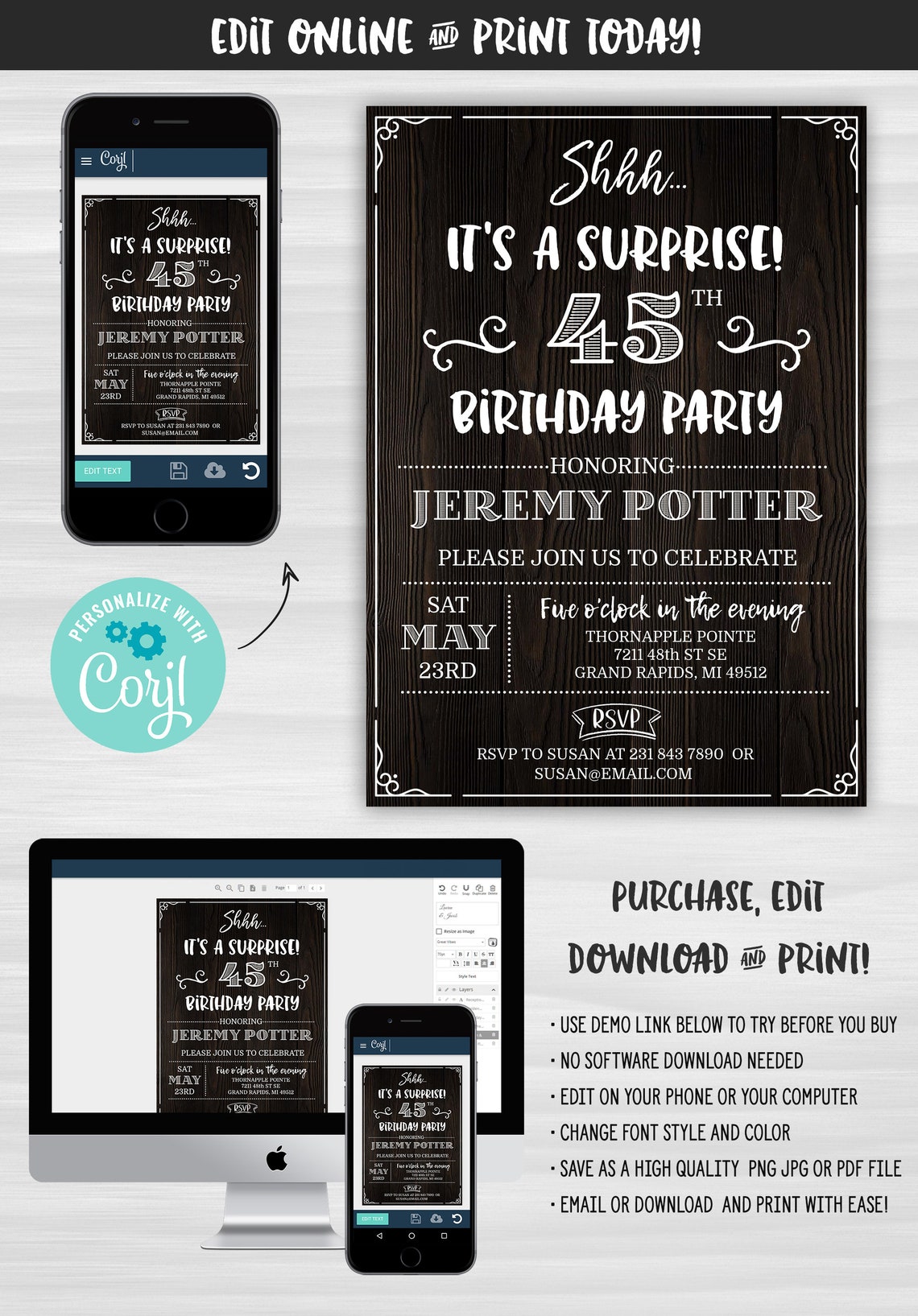 Surprise 45TH Birthday Invitation FORTY FIVE Invite Party Wood - Etsy