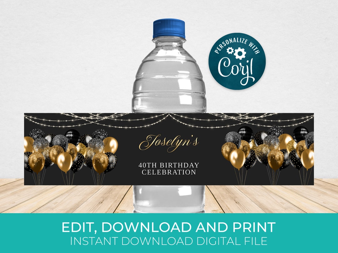 Black and Gold Water Bottle Label Template, Water Wrappers, Birthday ...