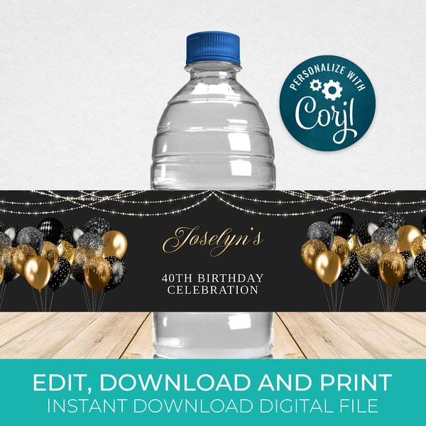 Black and Gold Water Bottle Label Template, Water Wrappers, Birthday Party Favors Editable, Digital Download, Printable BP106